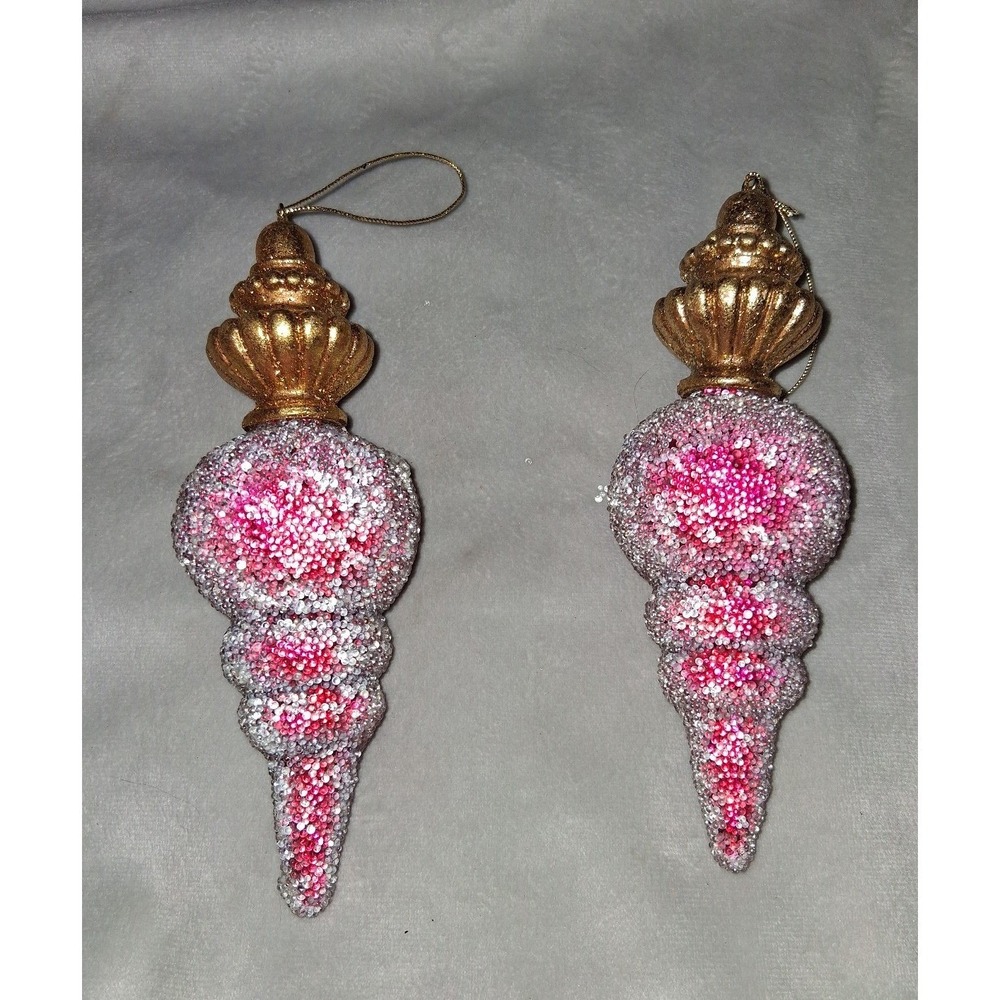 Pair Large 7" Sugared Finial Christmas Ornaments Red Gold Glitter Beaded